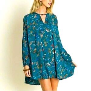 Umgee Dress Floral Teal Green Blue M